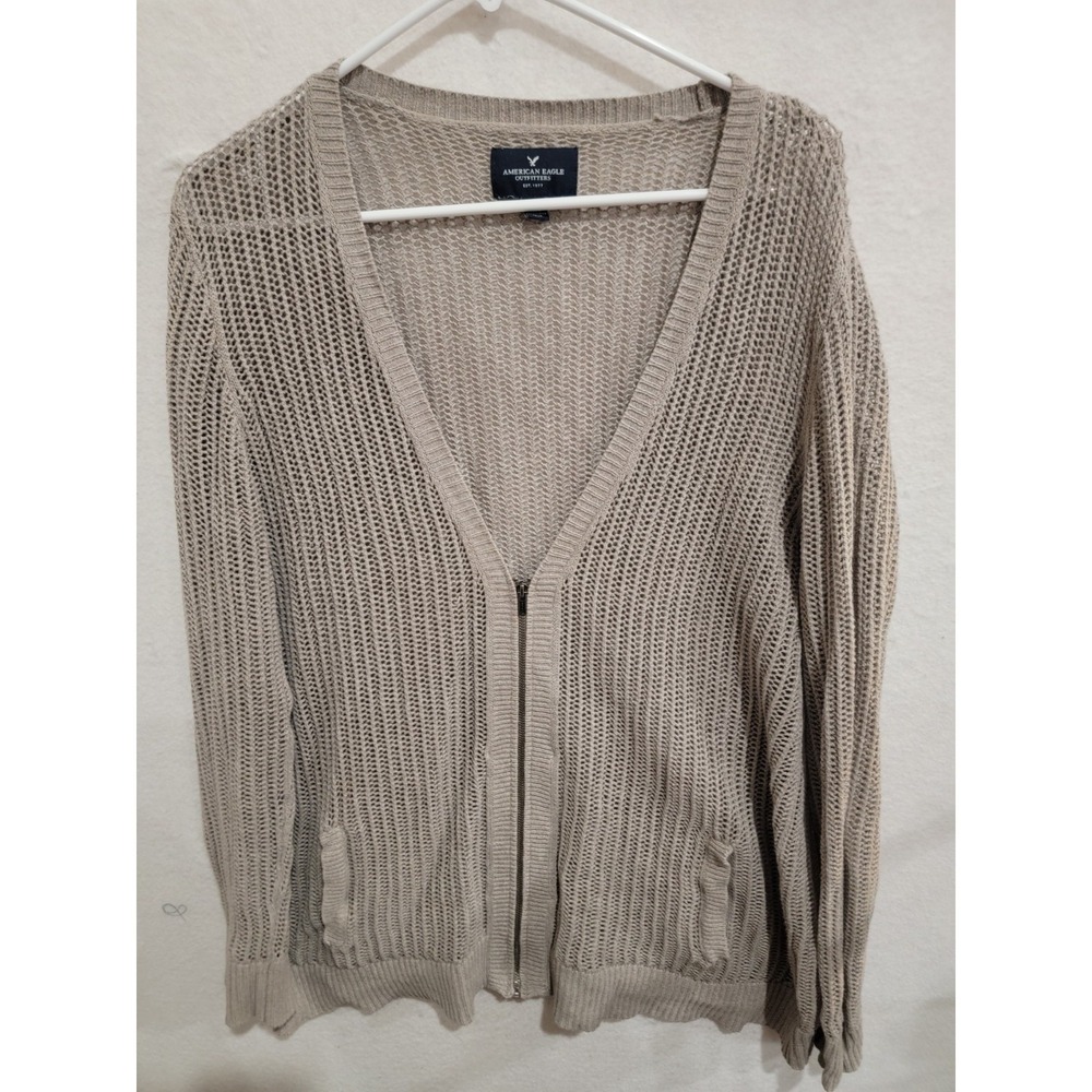 American‎ Eagle Open Knit Zip Up Cardigan Sweater XL Beige Cotton Crochet Pocket